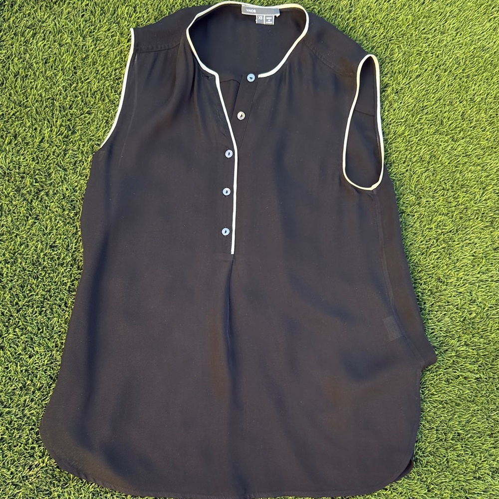 Vince Black Sleeveless Blouse with White Trim